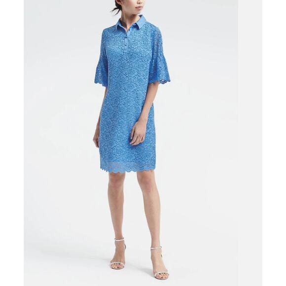BANANA REPUBLIC Blue Collared Lace Shift Dress with Flutter Short Sleeves // XS - Picture 1 of 8